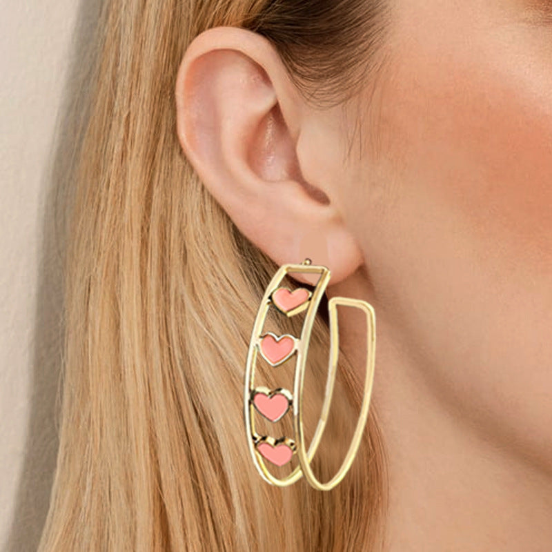 Wholesale Pink heart double circle earrings